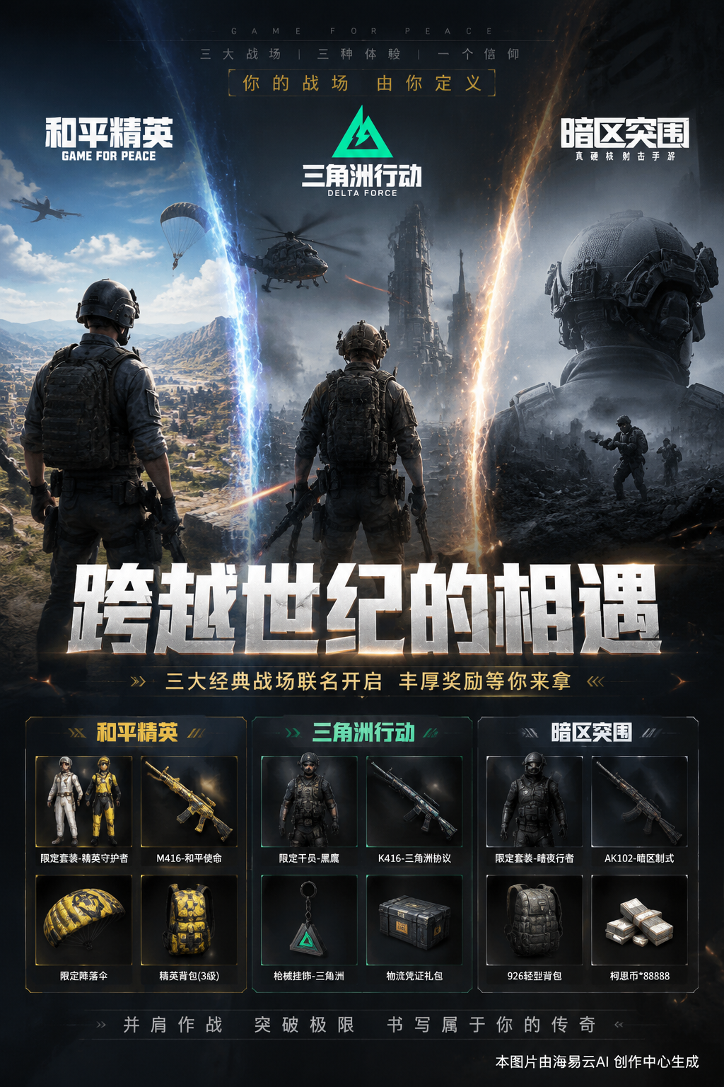 创作一张游戏联名海报，展示和平精英/三角洲/暗区突围。并在下面展示各款游戏的奖励奖品，标题跨越世纪的相遇。史诗级，游戏画风感 在图片右下角添加水印：本图片由海易云AI 创作中心生成