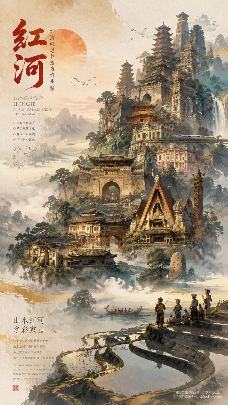 创作，红河哈尼彝族自治州全州收藏版史诗海报，红河州全州特色建筑长出完整世界观与经典场景。整体偏电影海报+梦幻水彩插画风，安静、宏大、神圣、怀旧，带纸张颗粒、轻雾感、飞白刷痕与高级留白，并自然融入签名红河哈尼彝族自治州 在图片右下角添加水印：本图片由海易云AI 创作中心生成/ai.idchyy.cnn